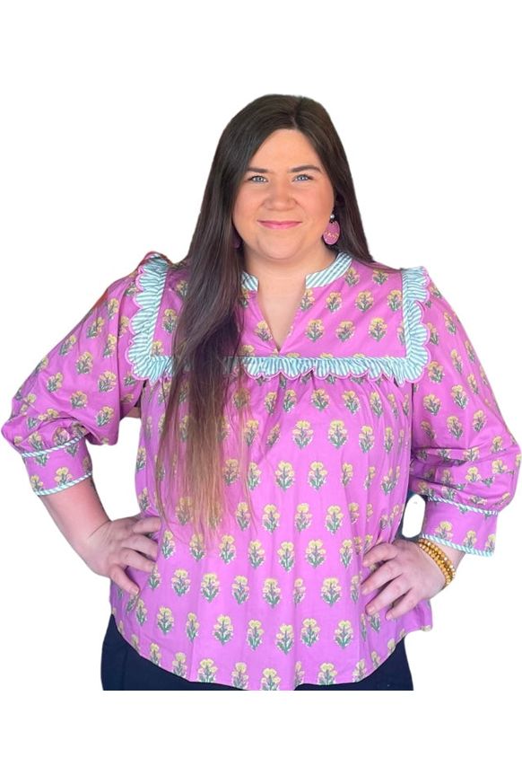 Entro Pink\Purple Patterned 3/4 Length Sleeve Top - Vintage Dragonfly Boutique