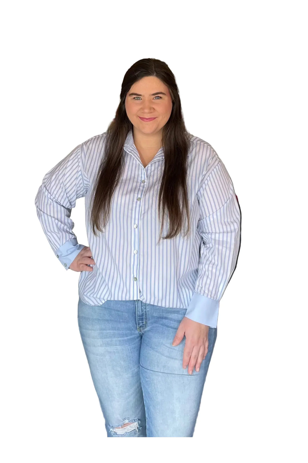 Blue & Off-White Pinstripe Button Front Collared Top by ENTRO - Vintage Dragonfly Boutique