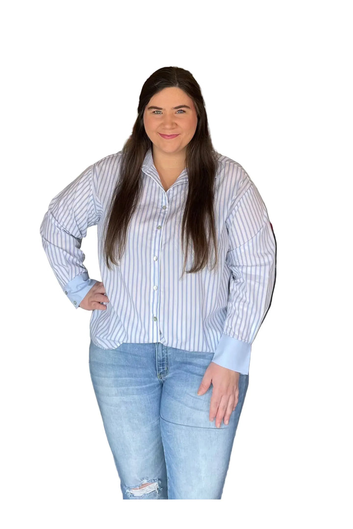 Blue & Off-White Pinstripe Button Front Collared Top by ENTRO - Vintage Dragonfly Boutique