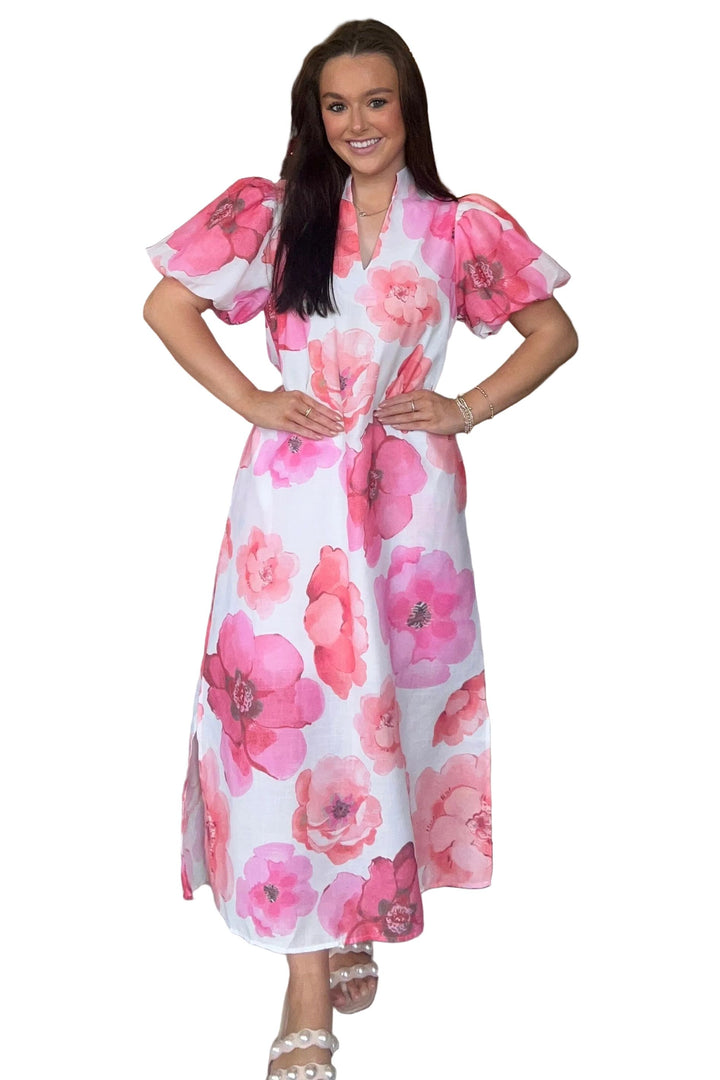 Pink Combo Floral Midi Dress with Short Puff Sleeves by ENTRO - Vintage Dragonfly Boutique