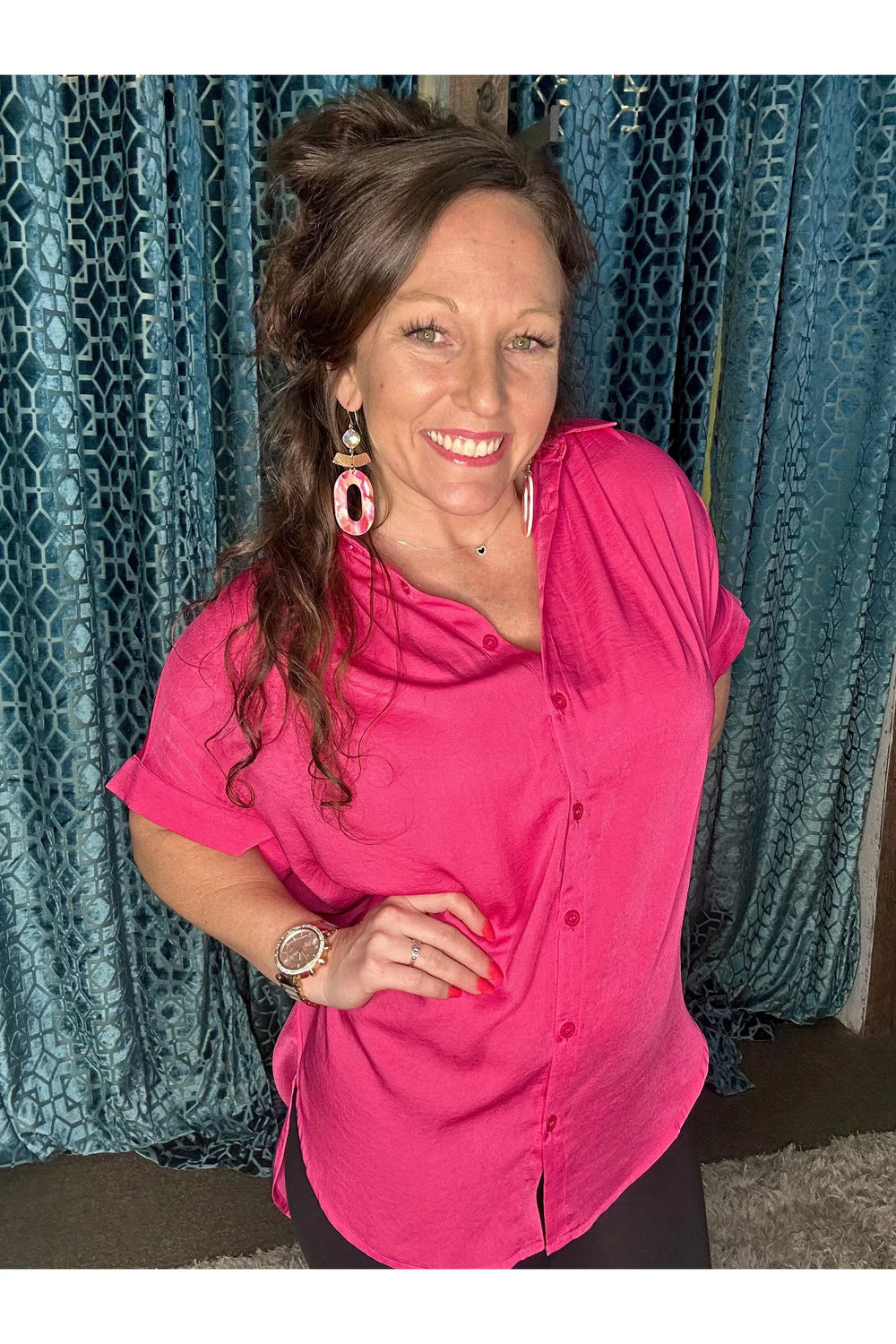 Jodifl Hot Pink Collared Button Up Top - Vintage Dragonfly Boutique