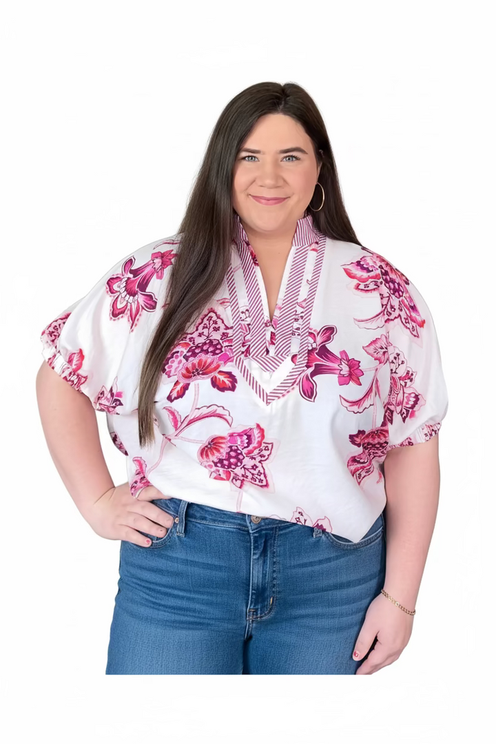 Entro Pink Floral Elasticized Short Sleeve Top - Vintage Dragonfly Boutique