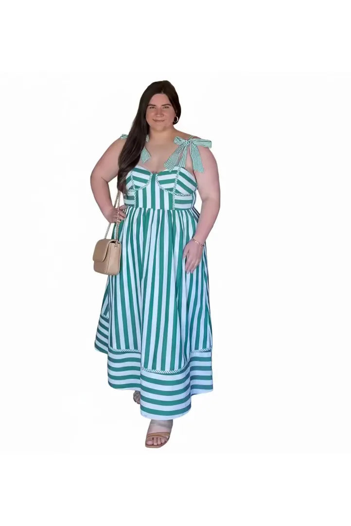 Striped Tie Sleeve Midi Dress in Green by Entro L Striped Tie Sleeve Midi Dress in Green by Entro L