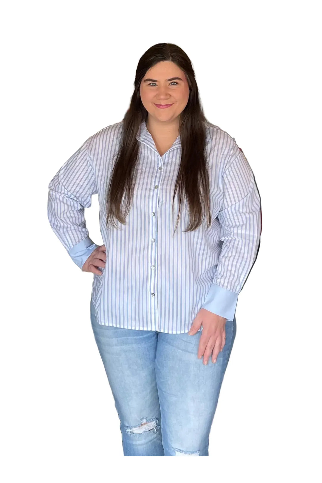 Blue & Off-White Pinstripe Button Front Collared Top by ENTRO - Vintage Dragonfly Boutique