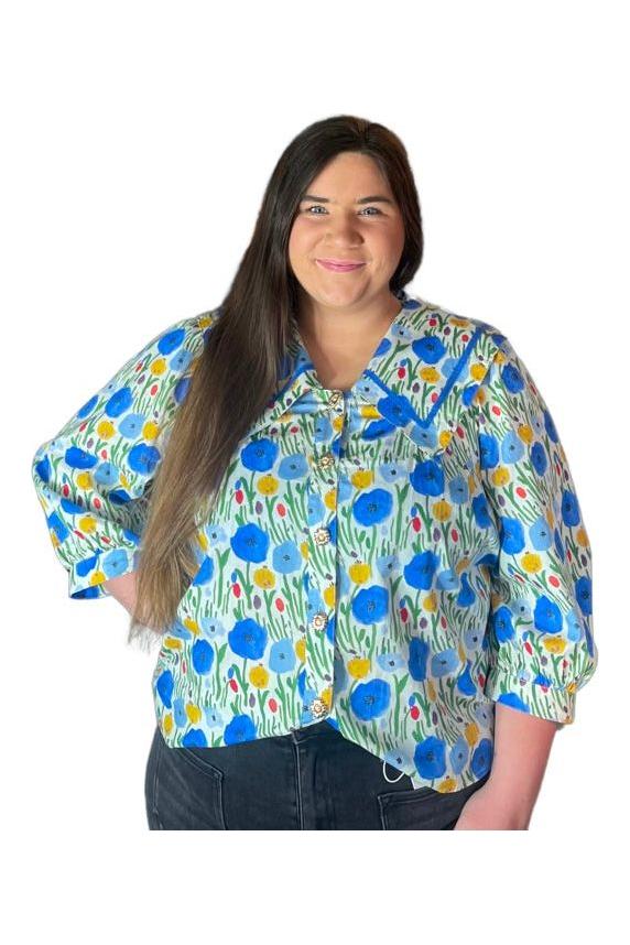 Entro Blue Floral Pattern Button Up Top - Vintage Dragonfly Boutique