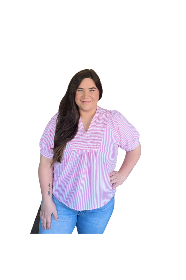 Entro Babydoll Stripe Top – Lemon, Pink & Mint Puff Sleeve Blouse