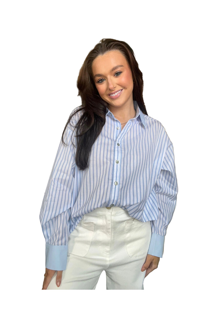 Blue & Off-White Pinstripe Button Front Collared Top by ENTRO - Vintage Dragonfly Boutique
