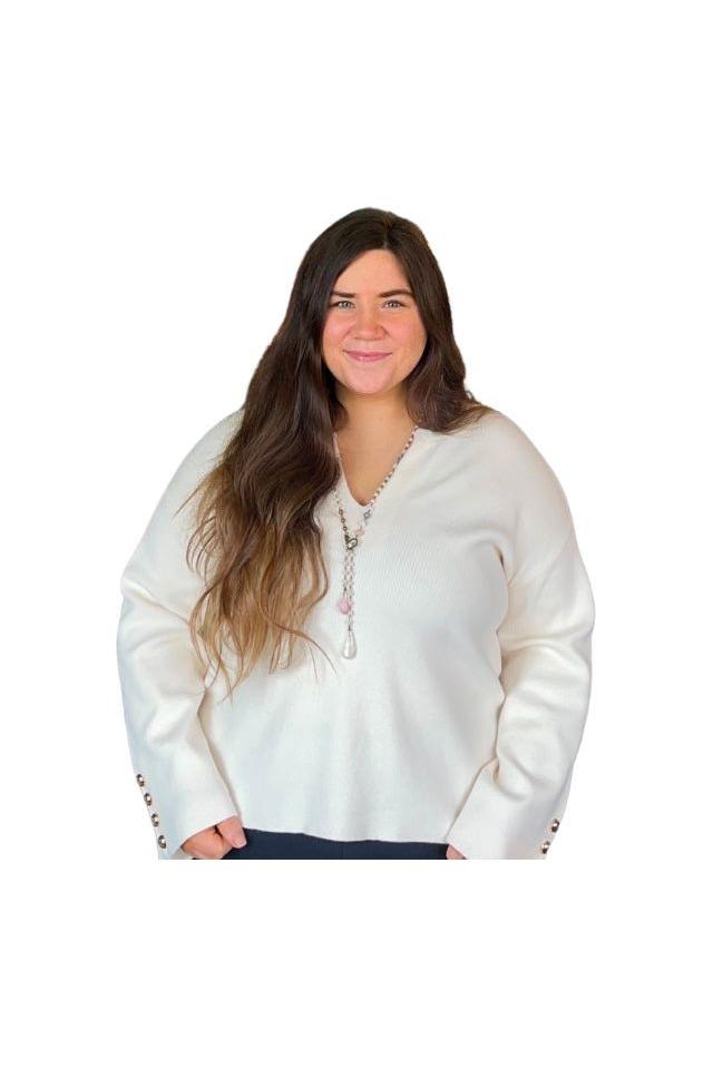 Cream Split Neck Long Sleeve Sweater - Vintage Dragonfly Boutique