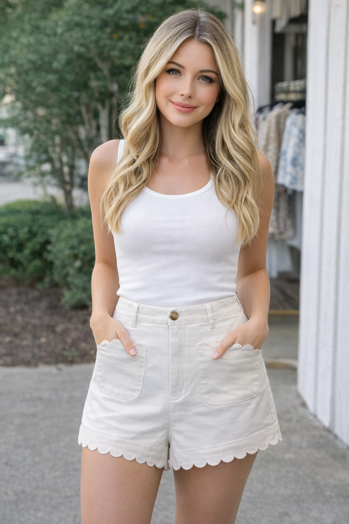 Entro Scalloped Hem High Waist Shorts – Off White &amp; Pink - Vintage Dragonfly Boutique