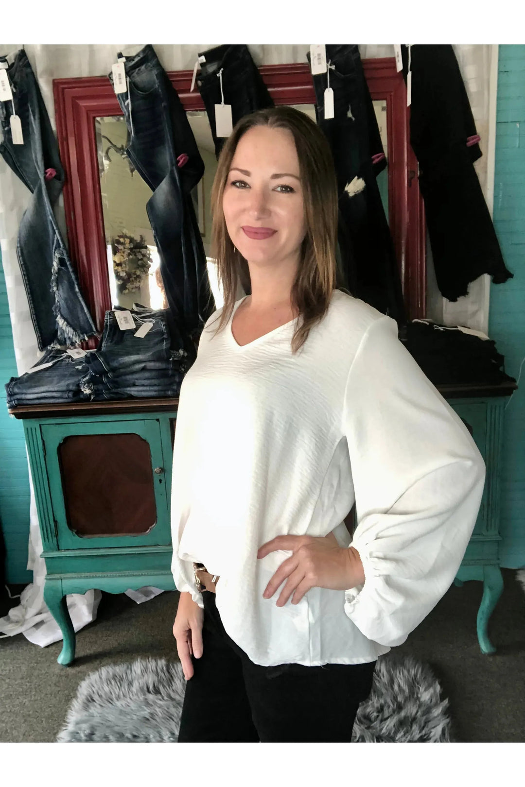 Off White Ballon Sleeve Top - Vintage Dragonfly