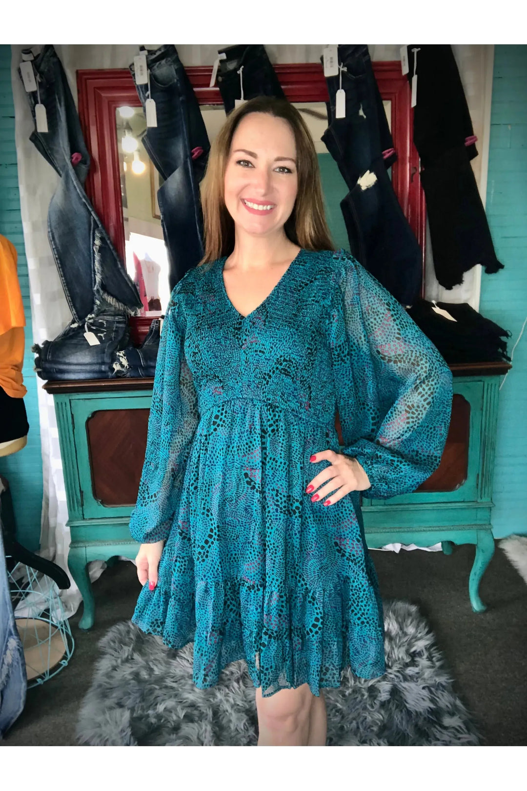 Teal Mix Print Dress - Vintage Dragonfly Boutique