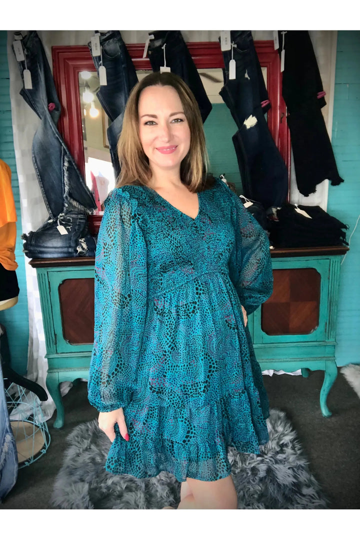 Teal Mix Print Dress - Vintage Dragonfly Boutique