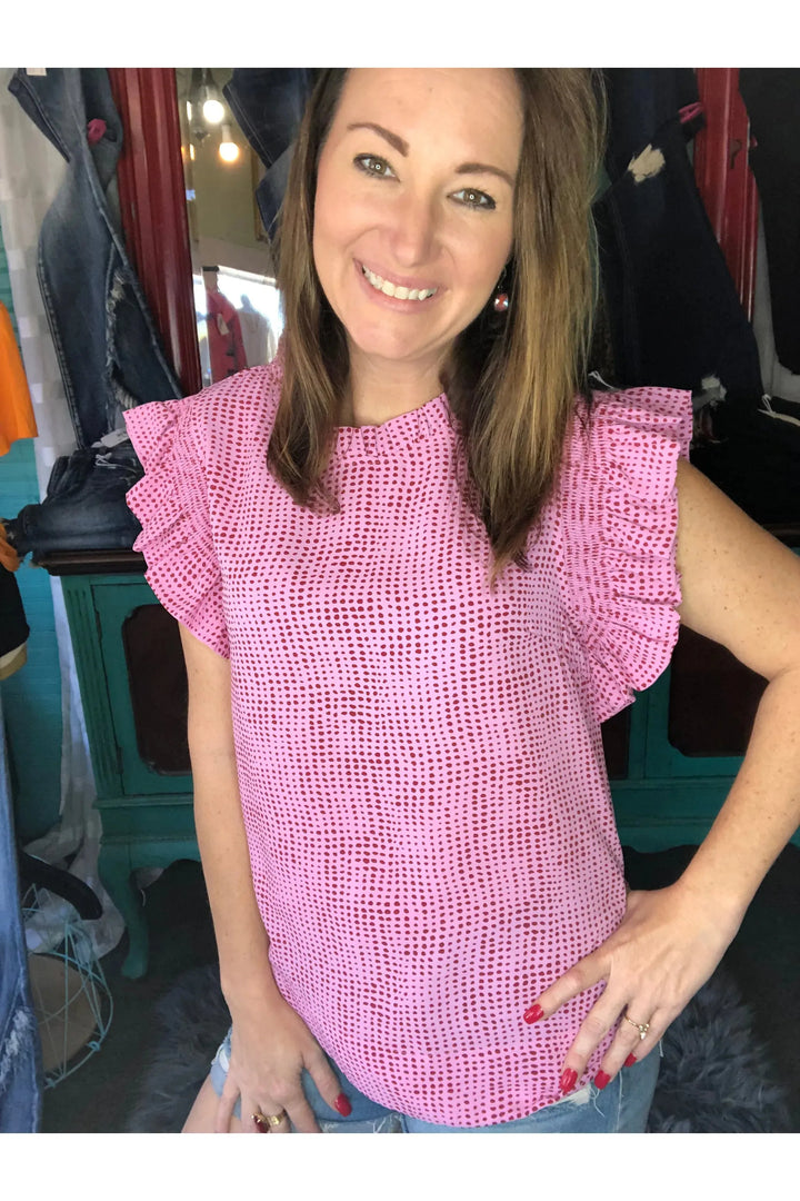 Jodifl Frill Mock Neckline Smocked Ruffle Cap Sleeve Dot Print Top - Vintage Dragonfly Boutique