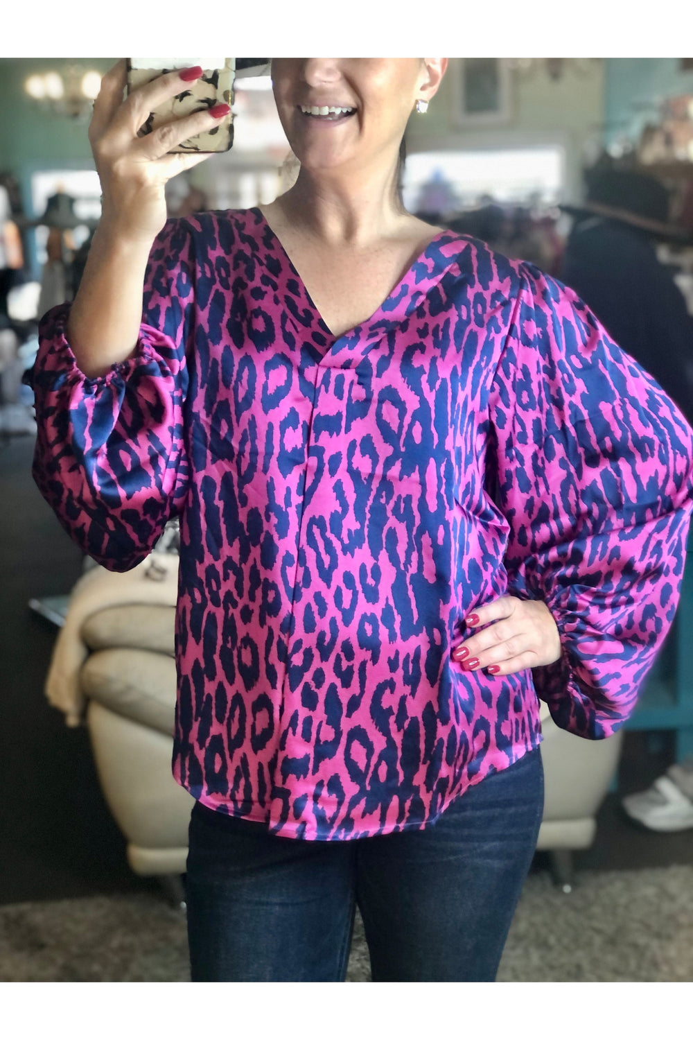 Leopard Pattern Long Sleeve Vneck Top - Vintage Dragonfly Boutique