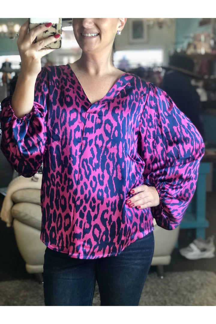 Leopard Pattern Long Sleeve Vneck Top - Vintage Dragonfly Boutique