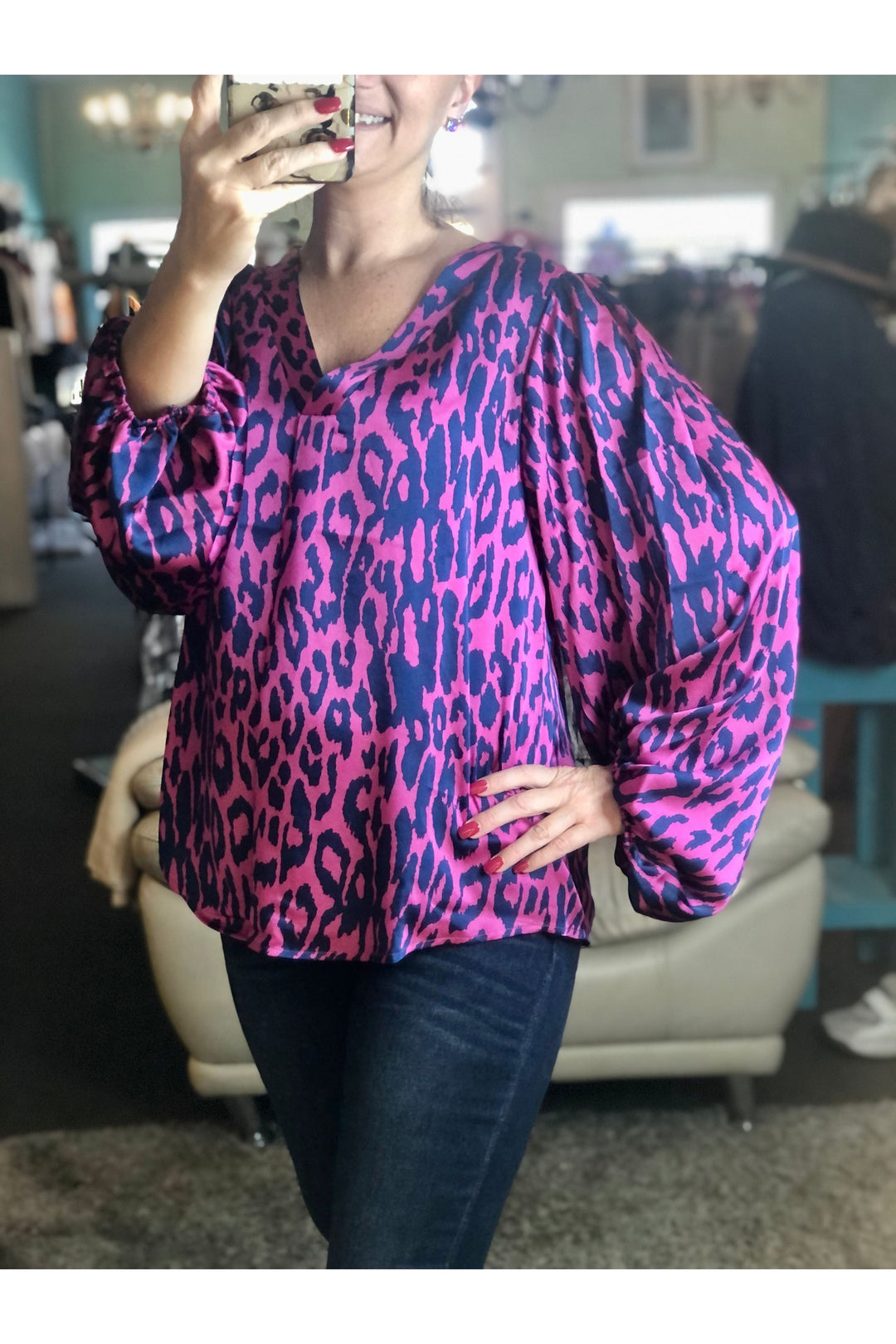 Leopard Pattern Long Sleeve Vneck Top - Vintage Dragonfly Boutique