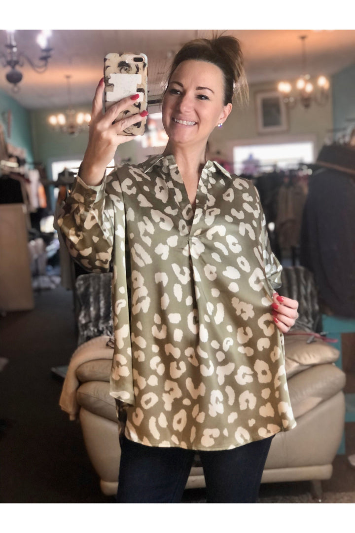 Dry Herb Leopard Pattern Vneck Top - Vintage Dragonfly Boutique
