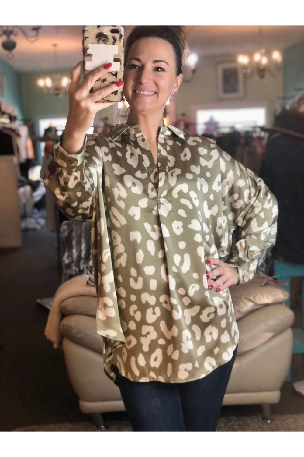 Dry Herb Leopard Pattern Vneck Top - Vintage Dragonfly Boutique