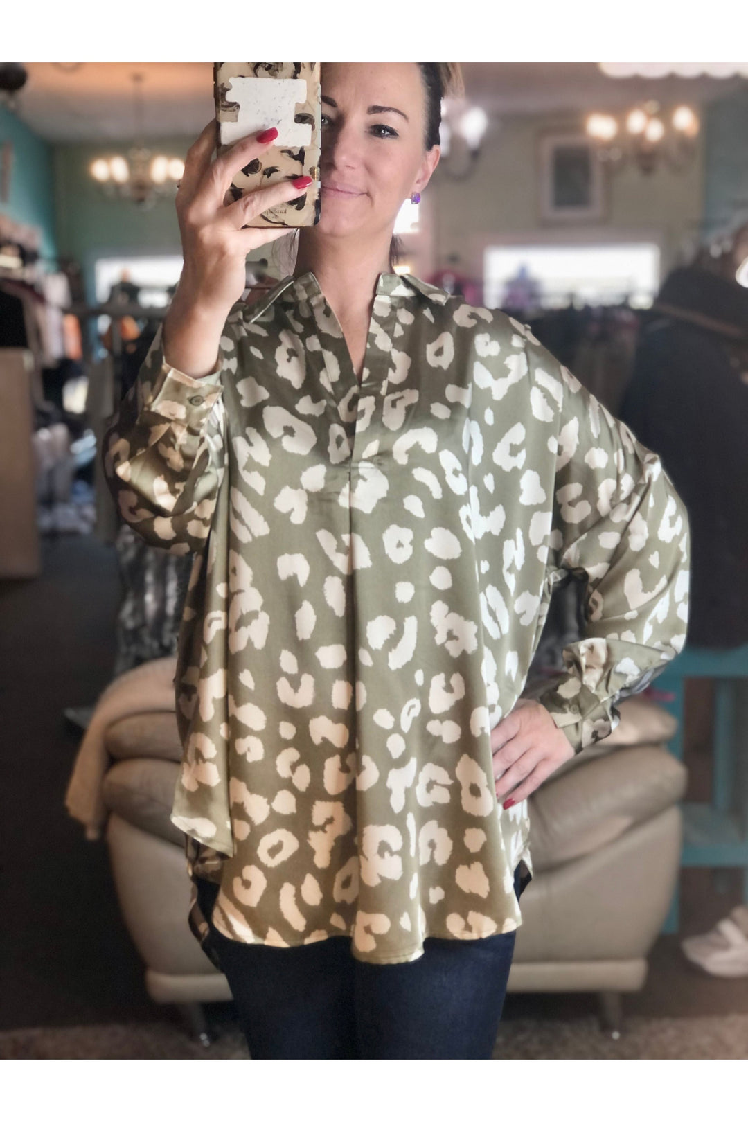 Dry Herb Leopard Pattern Vneck Top - Vintage Dragonfly Boutique