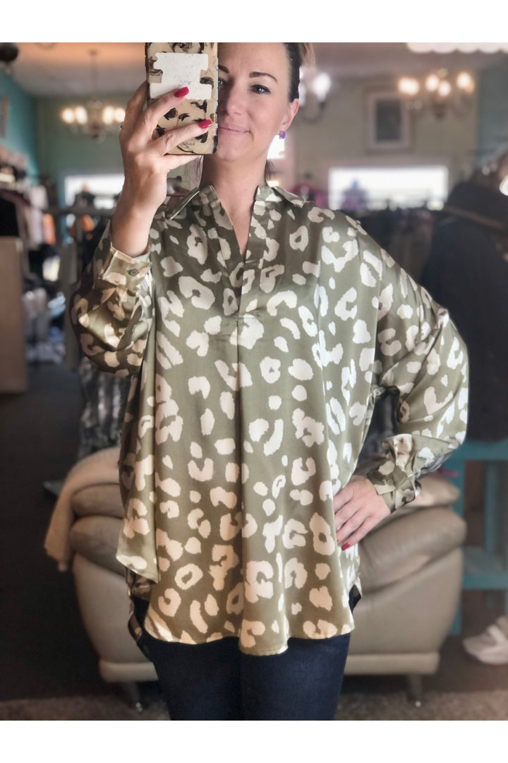 Dry Herb Leopard Pattern Vneck Top - Vintage Dragonfly Boutique