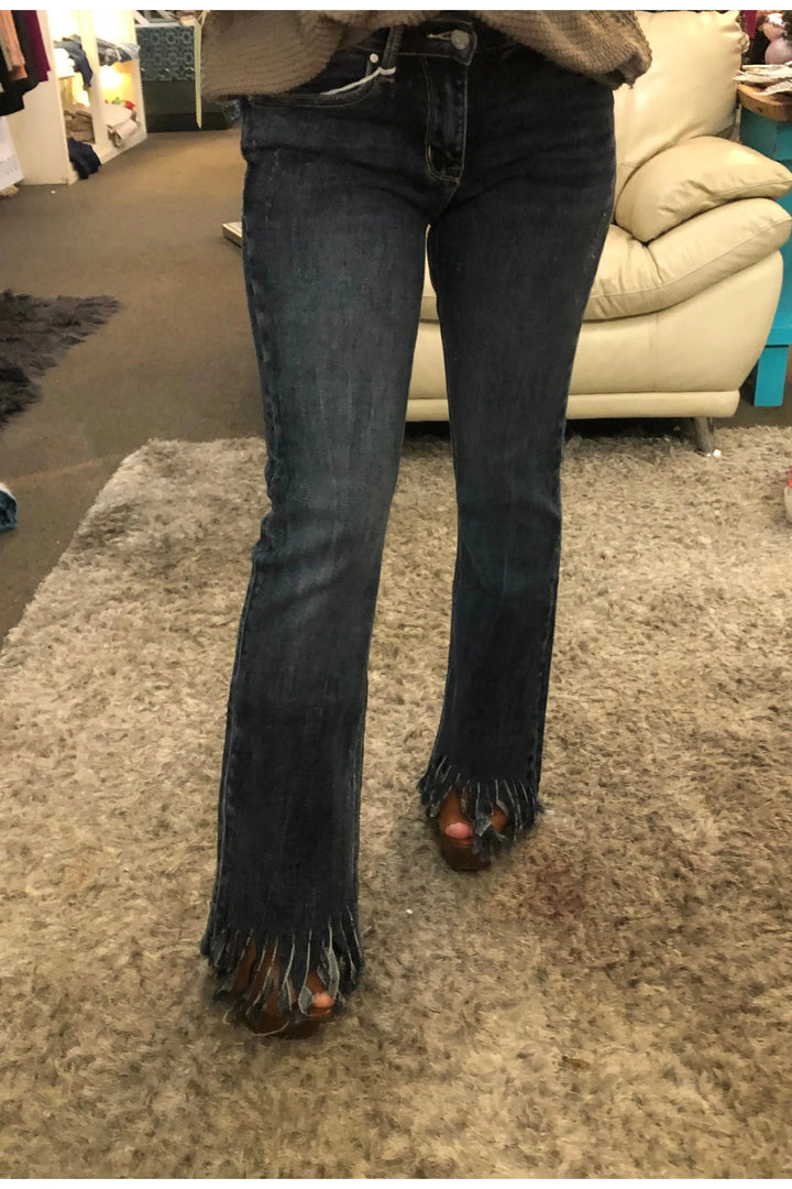 Petra Mid Rise  Jeans Classic Boot Cut with Fringe Hem - Vintage Dragonfly Boutique