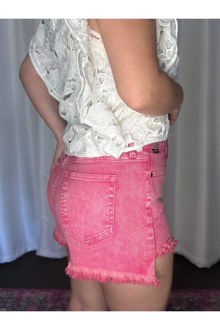 Hot Pink Denim High Rise Mom Shorts - Vintage Dragonfly Boutique