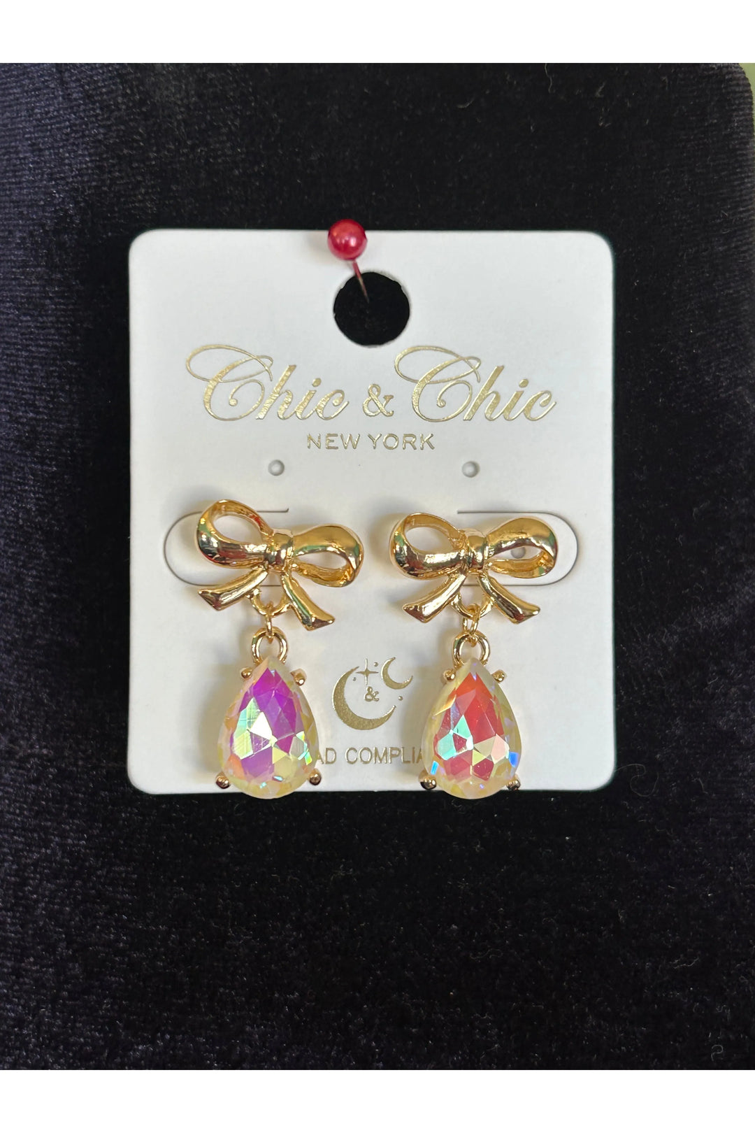Gold Bow Earrings with AB Opalescent Teardrop Crystal - Vintage Dragonfly Boutique