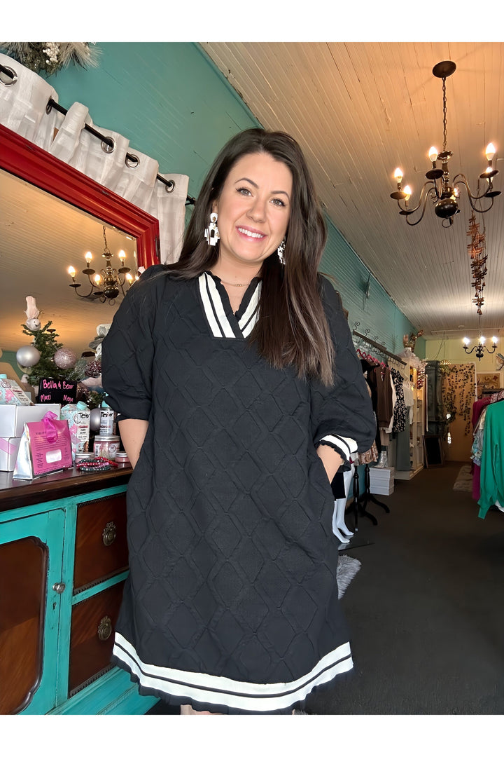 Black 3/4 Length Puff Sleeve V-neck Mini Dress - Vintage Dragonfly Boutique