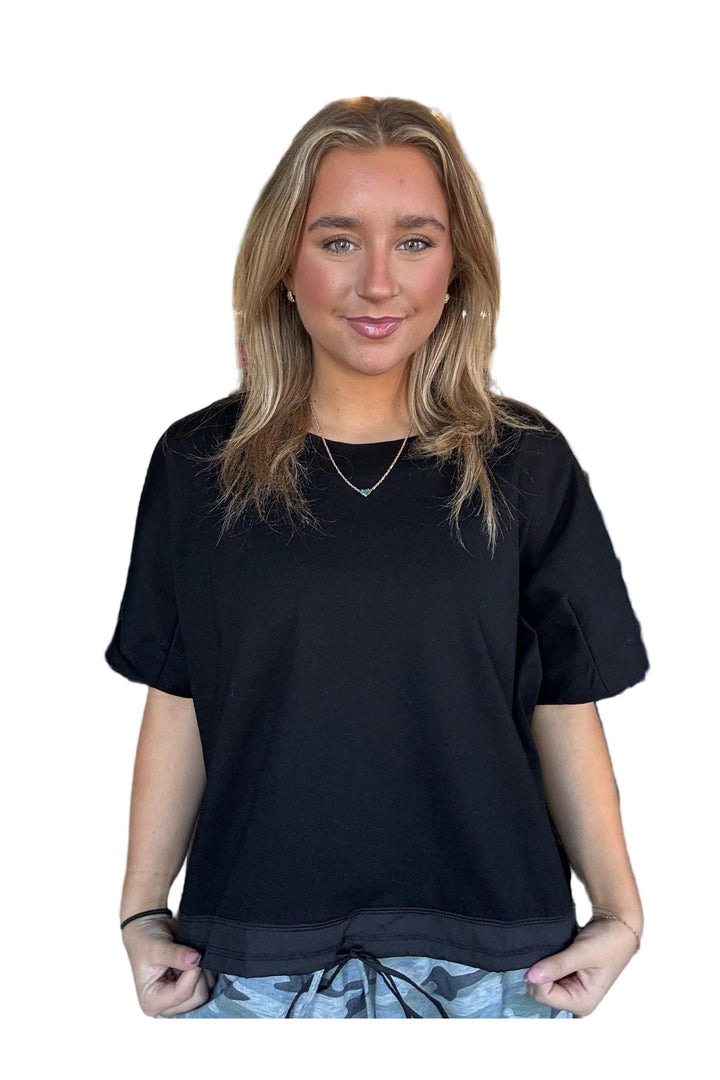 ENTRO Solid Short Sleeve Adjustable Drawstring Top in Black or Ecru