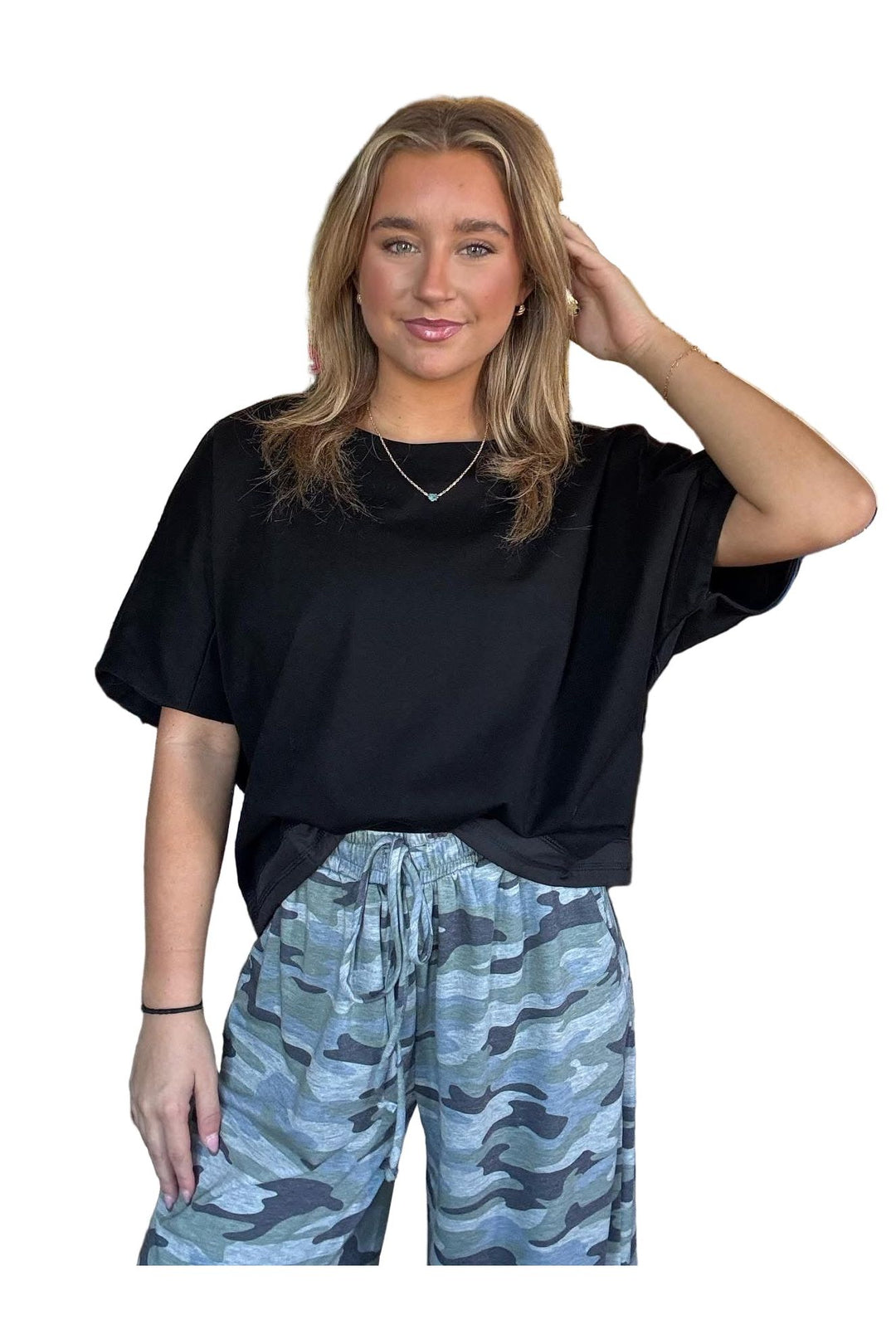 ENTRO Solid Short Sleeve Adjustable Drawstring Top in Black or Ecru