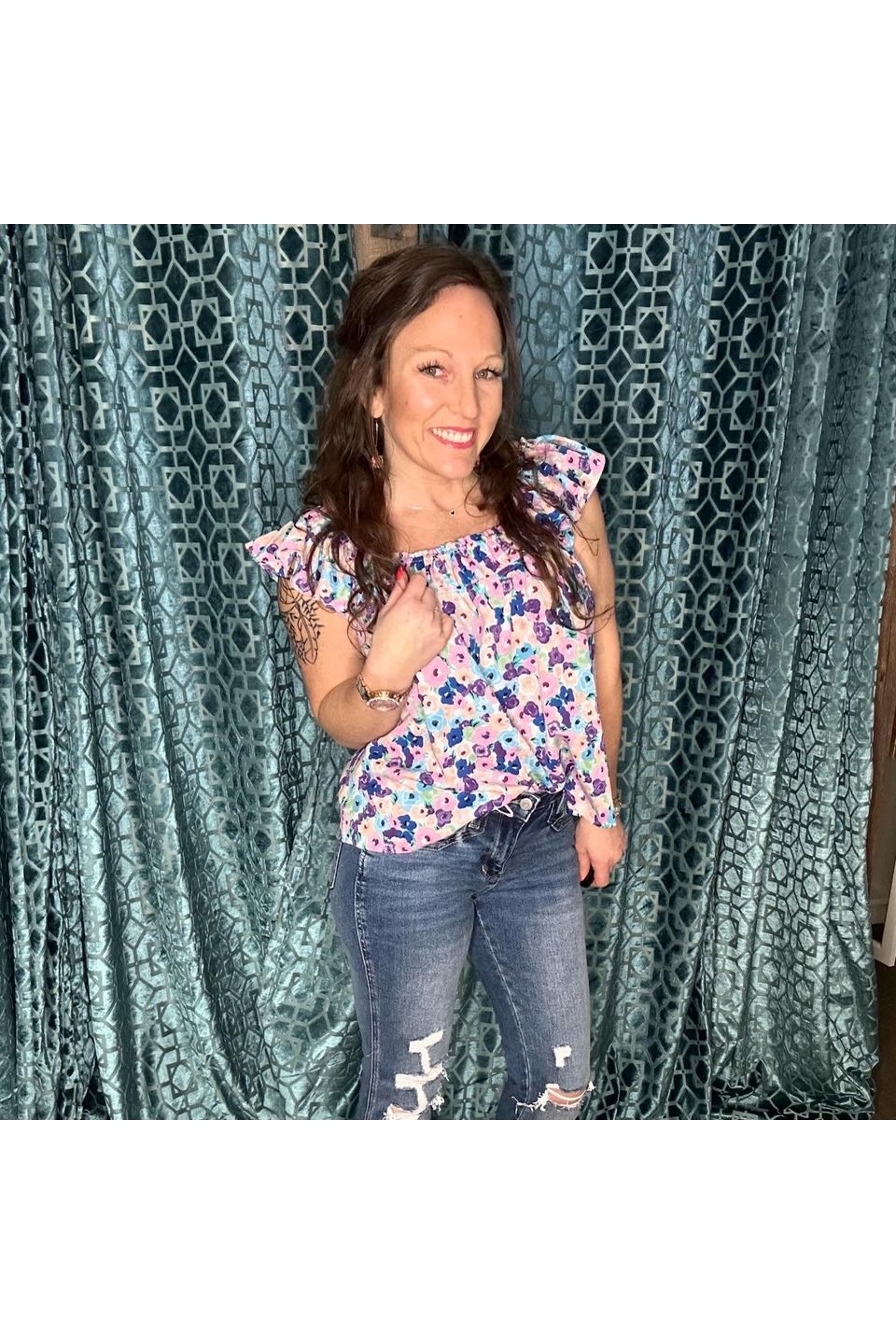 Blue Multi Color Flower Sleeveless Top - Vintage Dragonfly Boutique