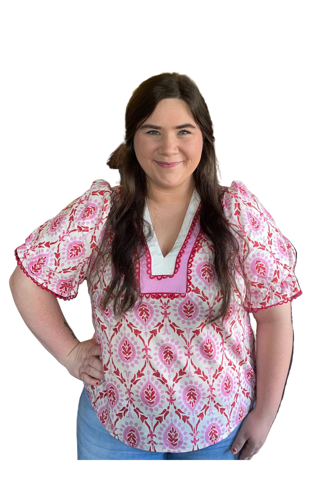 Entro Pink Botanical Puff Sleeve Top with Scalloped V-Neck - Vintage Dragonfly Boutique