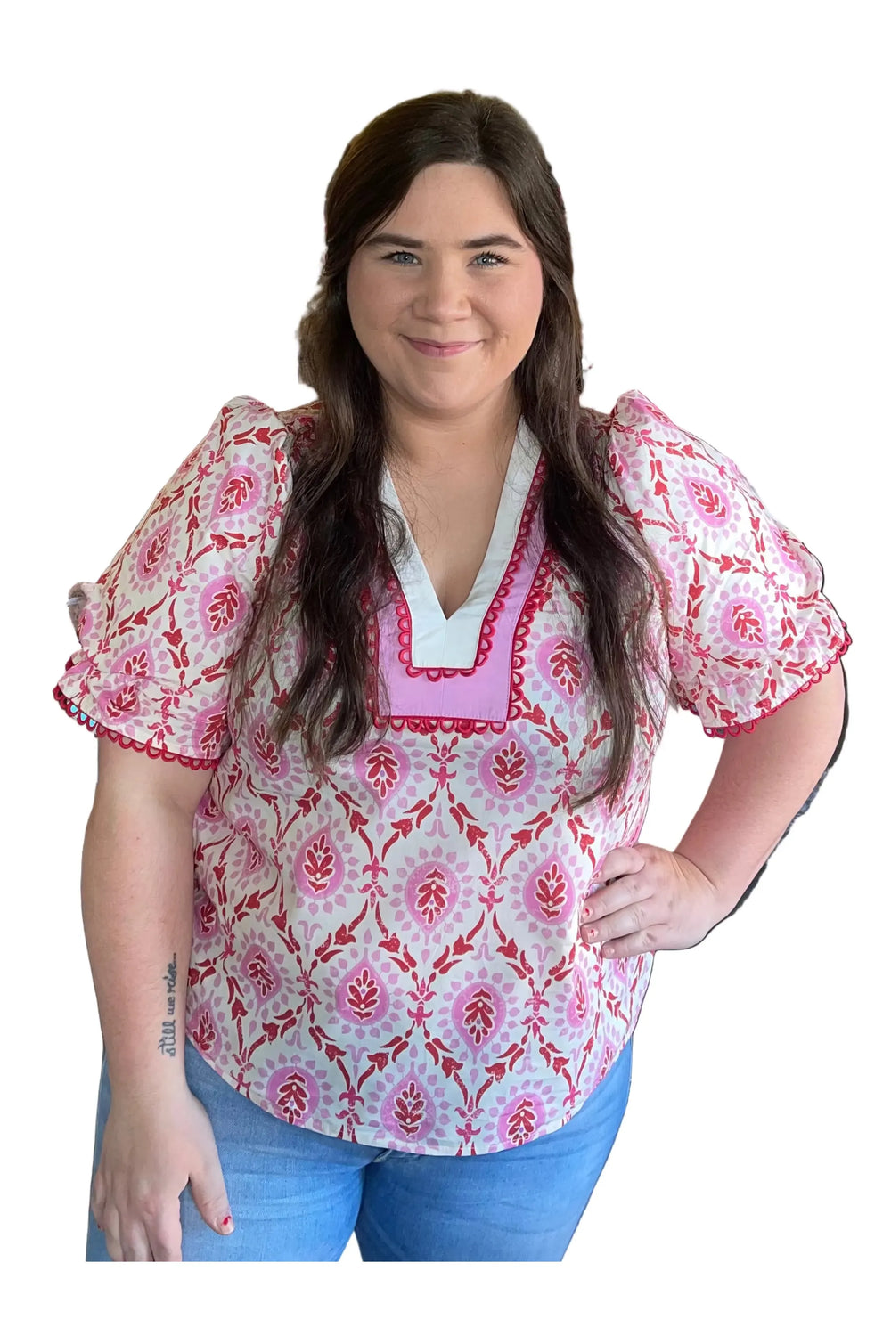 Entro Pink Botanical Puff Sleeve Top with Scalloped V-Neck - Vintage Dragonfly Boutique