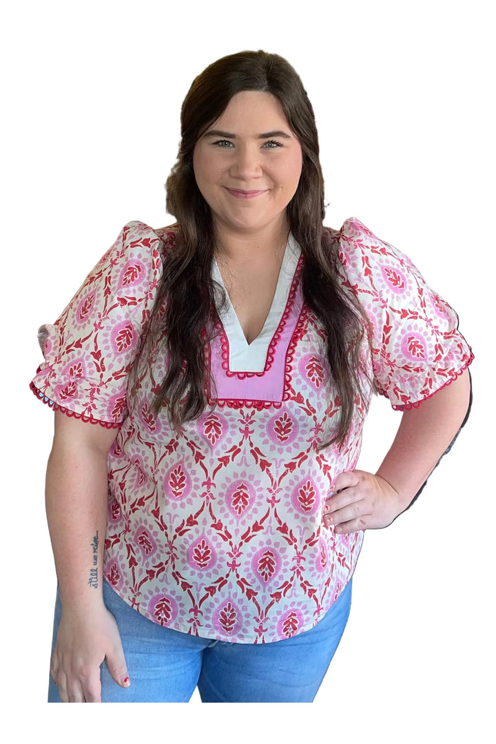 Entro Pink Botanical Puff Sleeve Top with Scalloped V-Neck - Vintage Dragonfly Boutique
