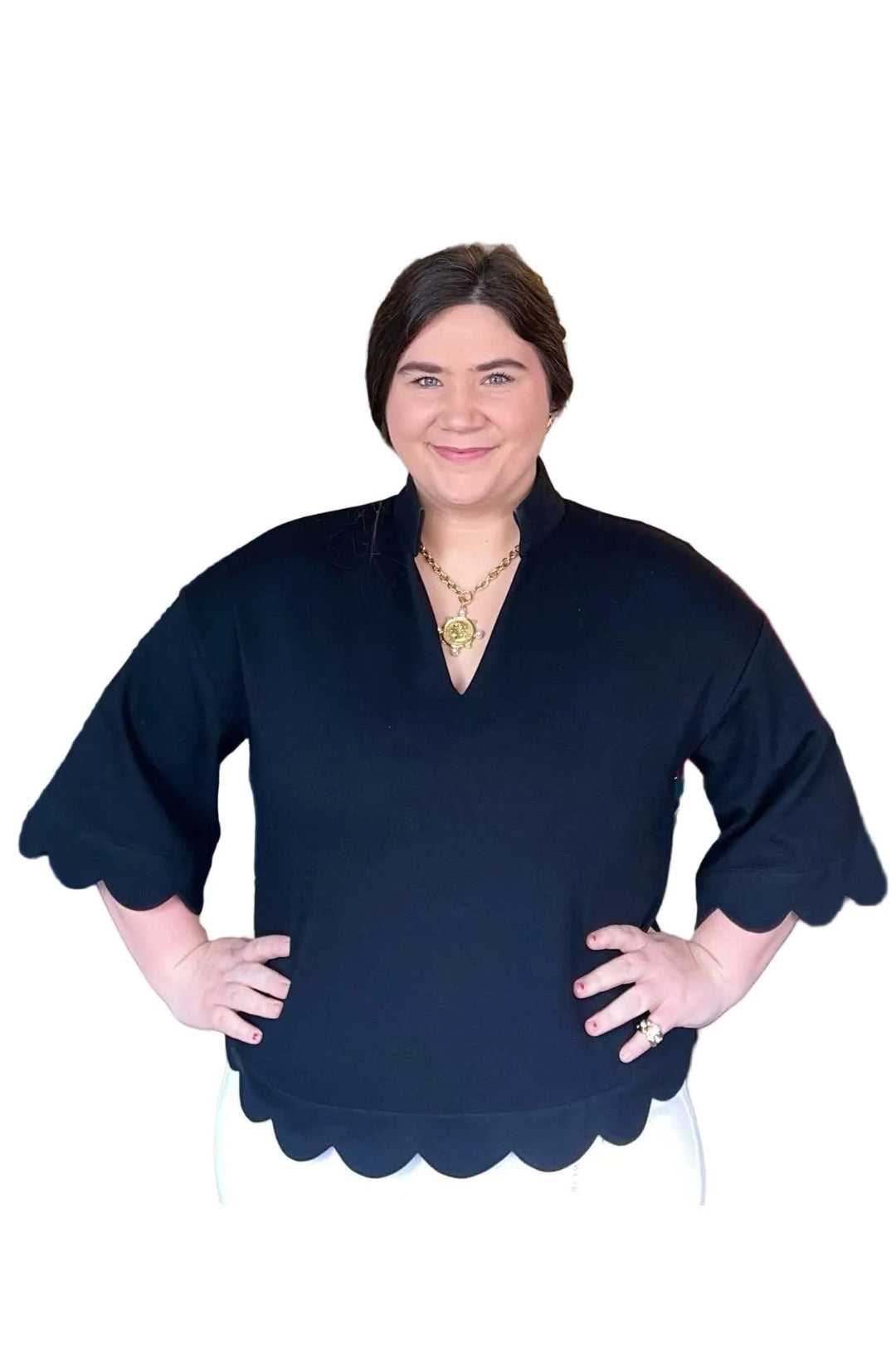 Black Scallop Trim Split Neck Top with 3/4 Sleeves by Entro - Vintage Dragonfly Boutique