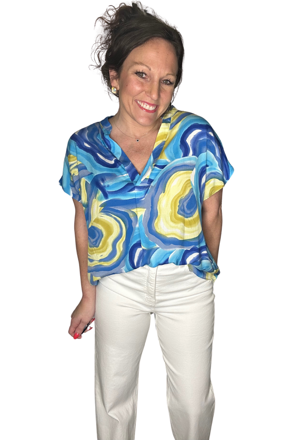 Blue Swirl Print Short Sleeve Top - Vintage Dragonfly Boutique