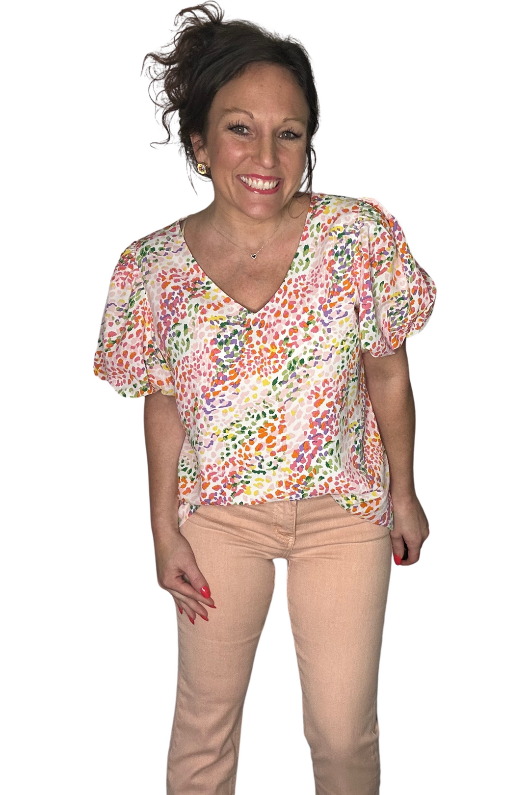 Pink Speckled Puff Short Sleeve Top - Vintage Dragonfly Boutique