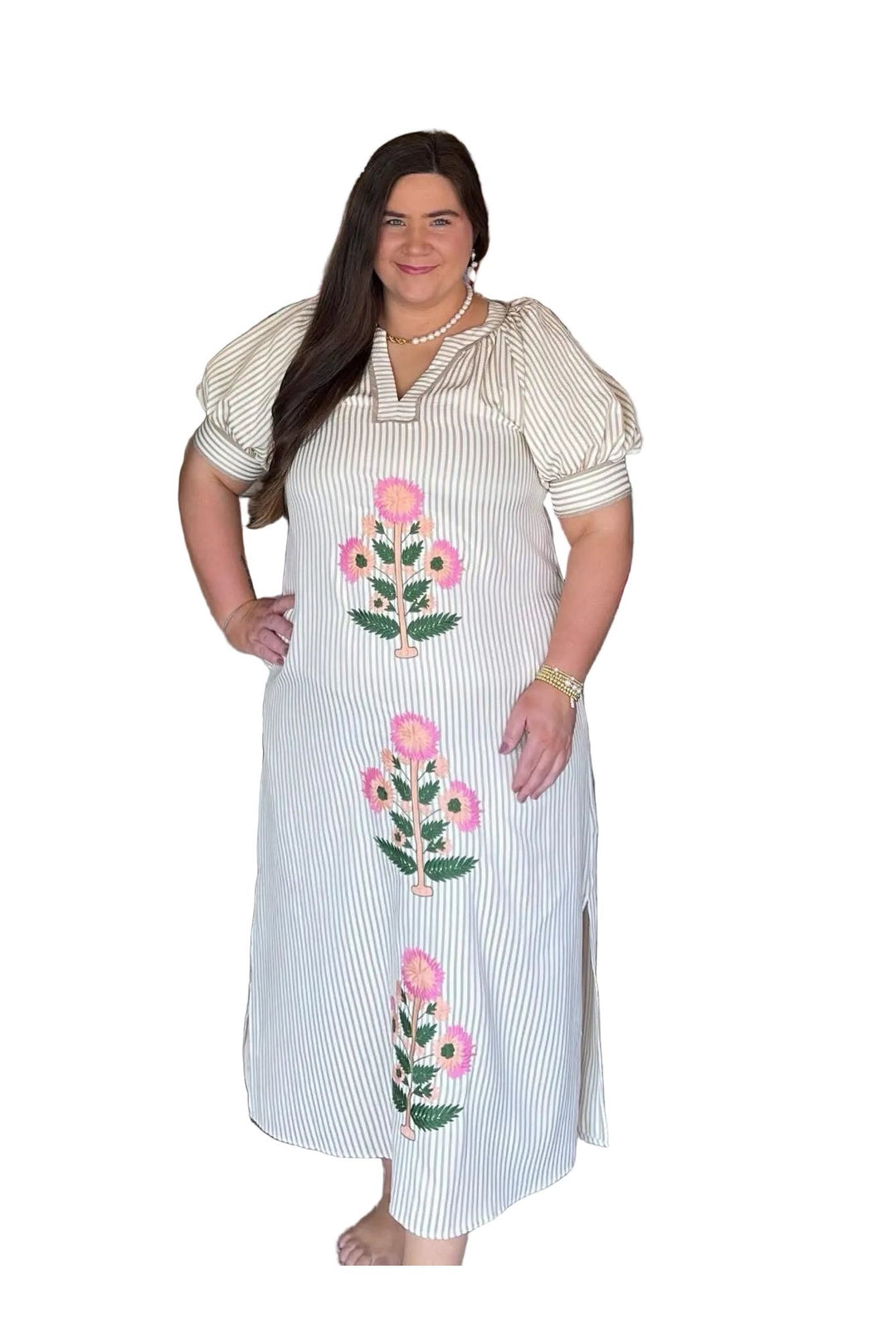 Striped Oatmeal Floral Maxi Dress with Split Neck & Puff Sleeves | Entro Boutique Style - Vintage Dragonfly Boutique