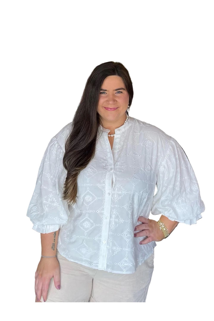 Fate White Eyelet Puff Sleeve Button-Front Blouse - Vintage Dragonfly Boutique