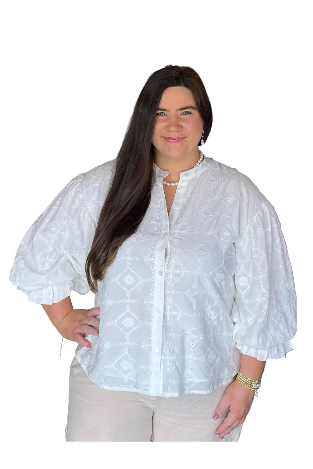Fate White Eyelet Puff Sleeve Button-Front Blouse - Vintage Dragonfly Boutique