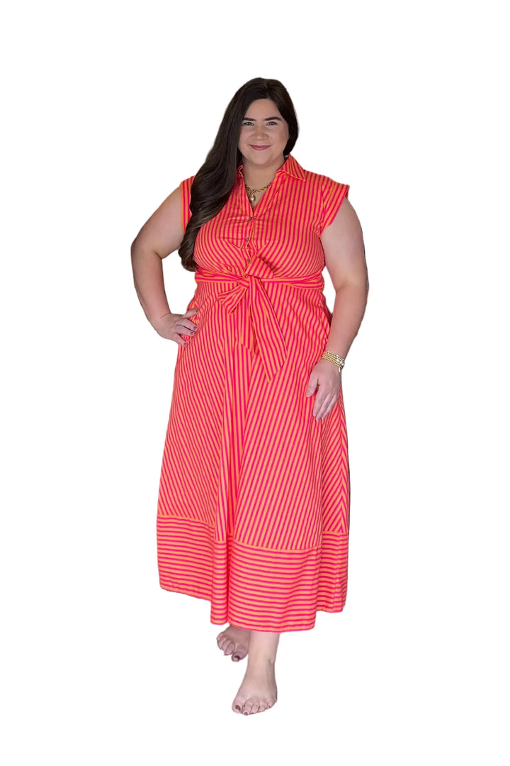 Entro Coral & Hot Pink Striped Tie-Waist Midi Dress - Vintage Dragonfly Boutique