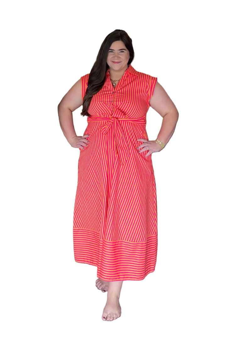 Entro Coral & Hot Pink Striped Tie-Waist Midi Dress - Vintage Dragonfly Boutique
