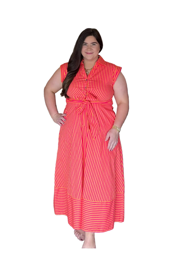 Entro Coral & Hot Pink Striped Tie-Waist Midi Dress - Vintage Dragonfly Boutique