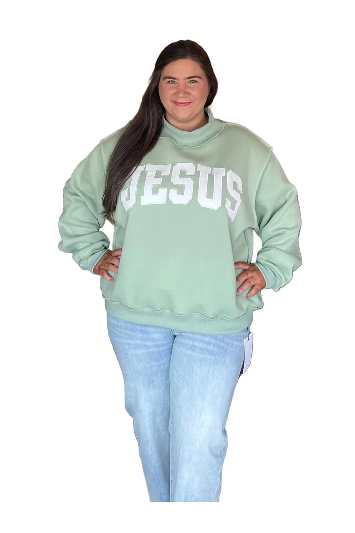 Bucketlist JESUS Embroidered Mock Neck Sweatshirt – Cozy Oversized Fleece Pullover - Vintage Dragonfly Boutique