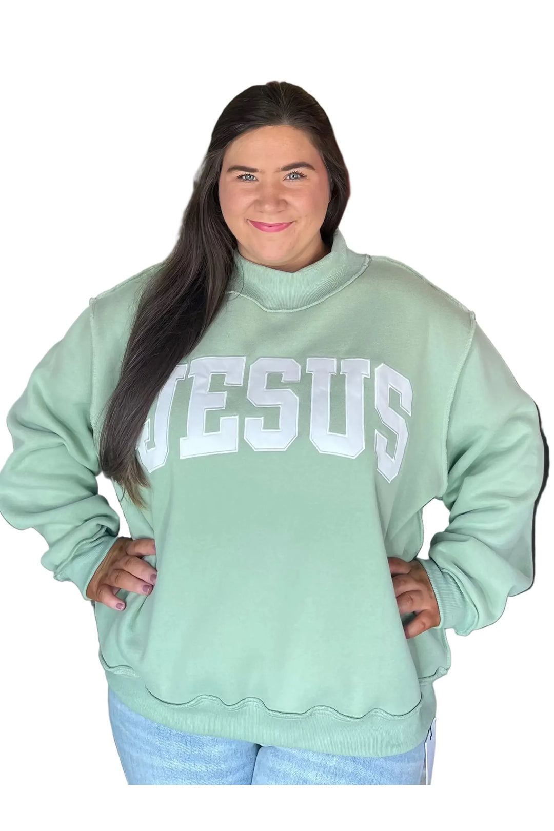 Bucketlist JESUS Embroidered Mock Neck Sweatshirt – Cozy Oversized Fleece Pullover - Vintage Dragonfly Boutique