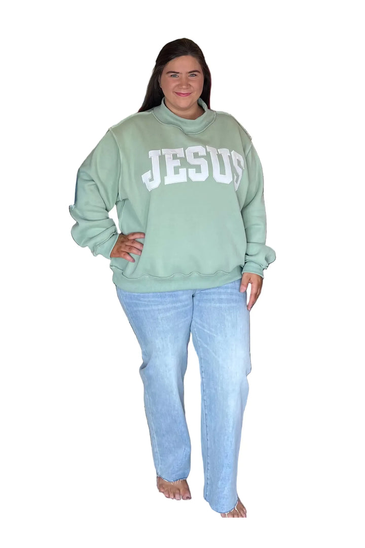 Bucketlist JESUS Embroidered Mock Neck Sweatshirt – Cozy Oversized Fleece Pullover - Vintage Dragonfly Boutique