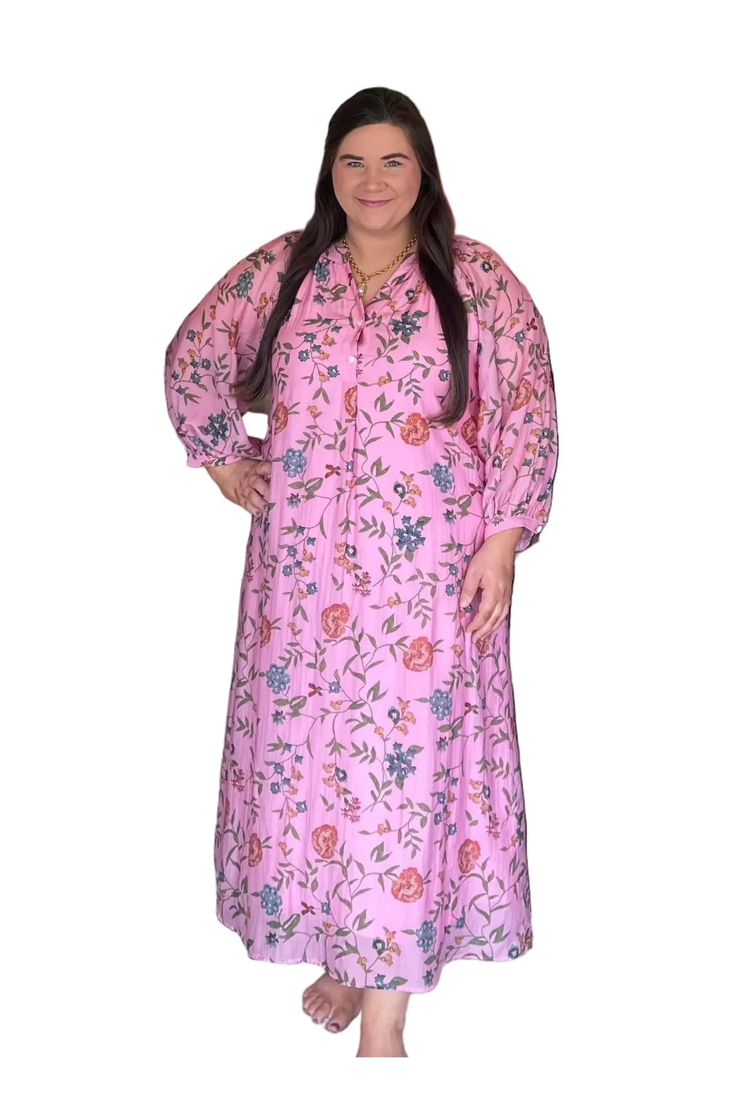 Pink Floral Maxi Dress – Effortless Feminine Statement Piece by Entro - Vintage Dragonfly Boutique