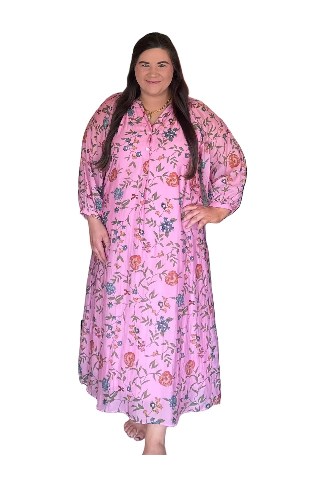 Pink Floral Maxi Dress – Effortless Feminine Statement Piece by Entro - Vintage Dragonfly Boutique