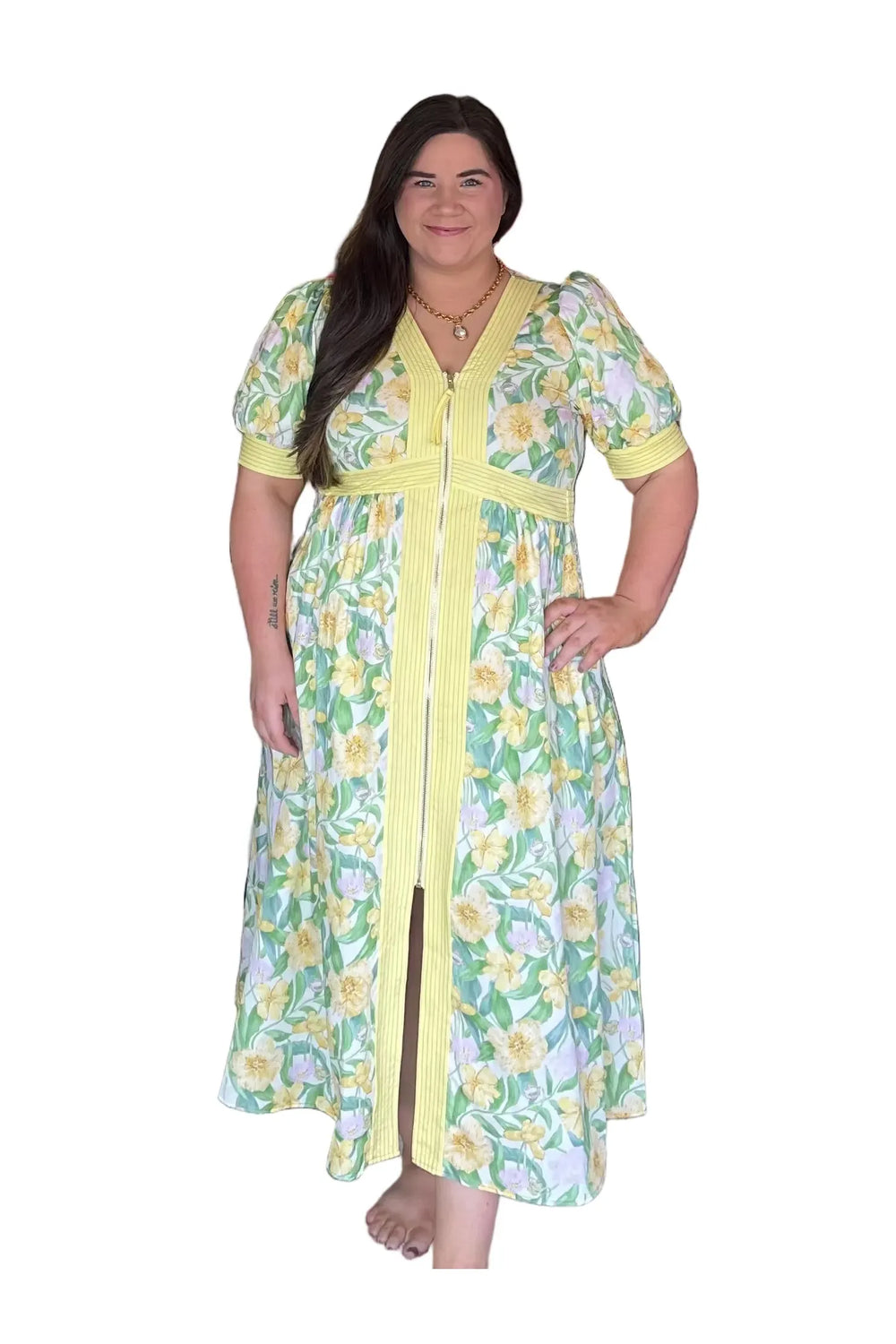 Yellow Floral Mix Zipper Front Midi Dress by Entro | Puff Sleeve Spring Dress - Vintage Dragonfly Boutique