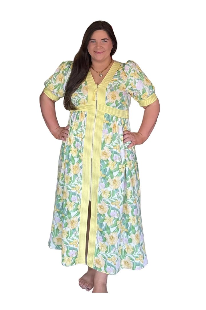 Yellow Floral Mix Zipper Front Midi Dress by Entro | Puff Sleeve Spring Dress - Vintage Dragonfly Boutique